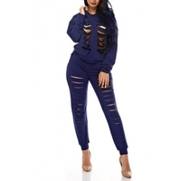 Sexy Round Neck Long Sleeves Hollow-out Twilled Two-piece Pants Set - Thumbnail 3