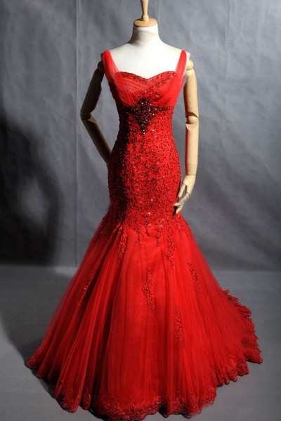 Modest Straps Mermaid Red Lace and Tulle Wedding Dress