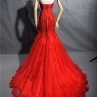 Modest Straps Mermaid Red Lace and Tulle Wedding Dress - Thumbnail 1