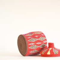  SOLD SOLD SOLD Berber Basket Handwoven Vintage Moroccan Berber Wool Lidded Basket  - Thumbnail 1