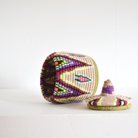  Berber Basket Handwoven Vintage Moroccan Berber Wool Lidded Basket  - Thumbnail 1