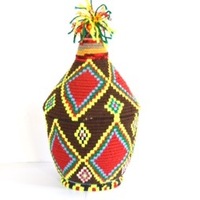  SOLD SOLD SOLD Berber Basket With Pom Pom Handwoven Vintage Moroccan Berber Wool Lidded Basket  - Thumbnail 1