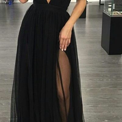 Sexy slit prom dress,black party dresses,sexy deep v-neckline evening dress,sexy split black graduation dresses