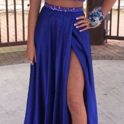 Sexy split prom dress,royal blue two pieces prom dresses,sparkle party dress 2017,royal blue formal dress