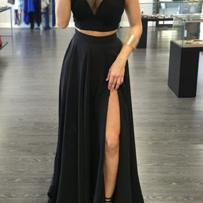 Two pieces black prom dress,sexy split graduation dresses,straps black formal dress
