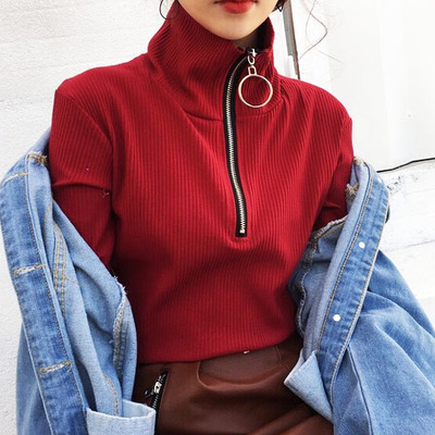 O ring zip up slim cut long sleeved tee ( red / black ) - Thumbnail 4