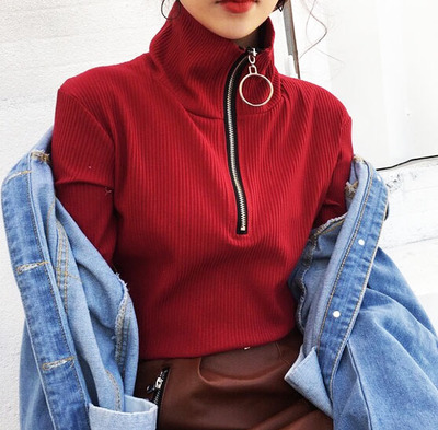 O RING ZIP UP SLIM CUT LONG SLEEVED TEE ( RED / BLACK )