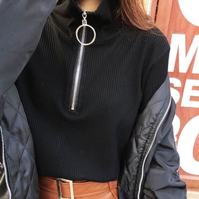 O ring zip up slim cut long sleeved tee ( black / red ) - Thumbnail 5