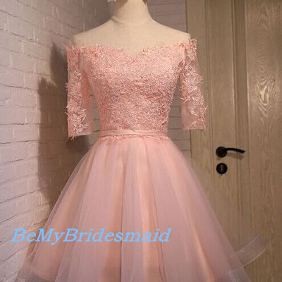 Sweet off shoulder pink tulle and lace prom dresses, short pink prom dresses, homecoming dresses