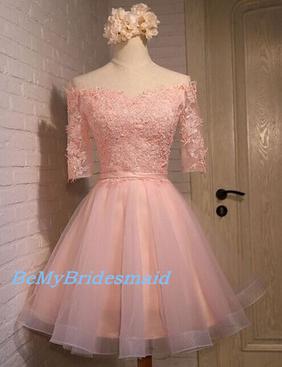 Sweet Off Shoulder Pink Tulle and Lace Prom Dresses, Short Pink Prom Dresses, Homecoming Dresses