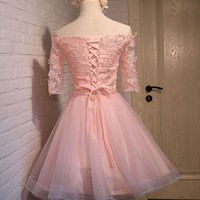 Sweet Off Shoulder Pink Tulle and Lace Prom Dresses, Short Pink Prom Dresses, Homecoming Dresses - Thumbnail 1