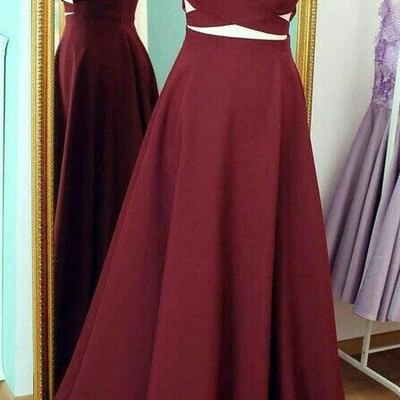 Charming burgundy two piece straps silk chiffon prom dresses, burgundy formal dresses, straps party dresses