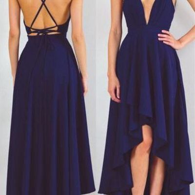 Sexy hi-low prom dress,spaghetti straps navy blue party dress,open back navy blue graduation dresses