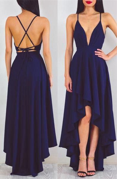Sexy Hi-low Prom Dress,Spaghetti Straps Navy Blue Party Dress,Open Back Navy Blue Graduation Dresses