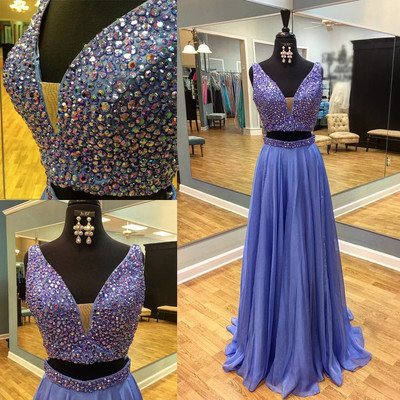 Two pieces blue prom dresses,v-neck blue party dresses,sparkle beaded graduation dress