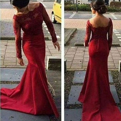 Long sleeves lace red prom dresses, mermaid red lace graduation dress,long sleeves red lace bridesmaid dress