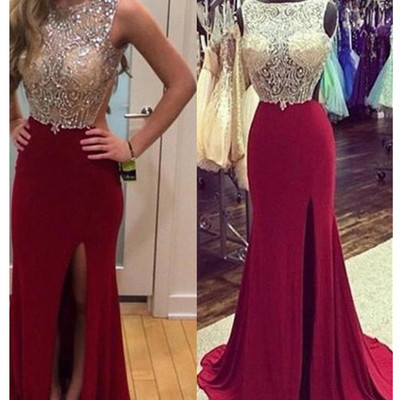 Open back burgundy prom dresses,backless burgundy graduation dress,sexy backless slit party dresses - Thumbnail 4