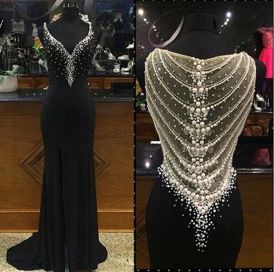 Handmade Beaded Black Evening Dress,Sparkle Beaded Prom Dress,Sexy Black Graduation Dress