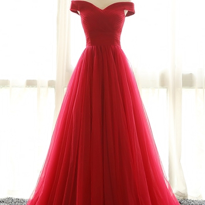 Off shoulder red bridesmaid dress, red prom dresses,off shoulder tulle party dress