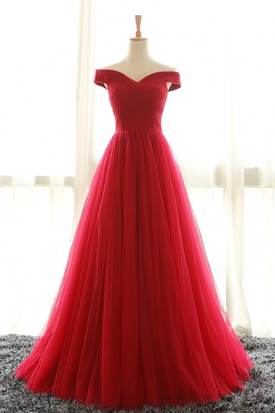 Off Shoulder Red Bridesmaid Dress, Red Prom Dresses,Off Shoulder Tulle Party Dress