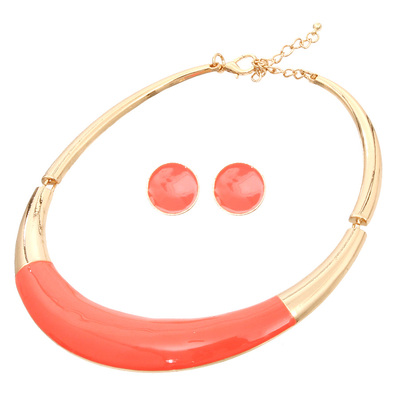 Short & bold orange metal choker necklace set (rhodium chain)
