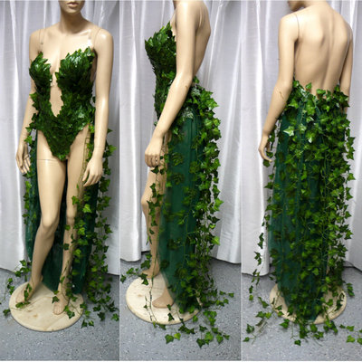Poison ivy monokini gown with train costume cosplay dance costume rave bra rave wear halloween burlesque show girl
