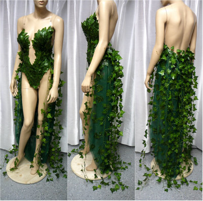 Poison Ivy Monokini Gown with Train Costume Cosplay Dance Costume Rave Bra Rave Wear Halloween Burlesque Show Girl