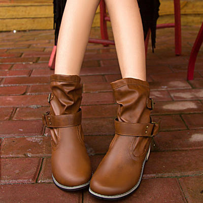 Buckle belt square-heeled short motor boots