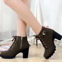 Fashion Lace Up Side Zipper Buckle Martin Boots - Thumbnail 1