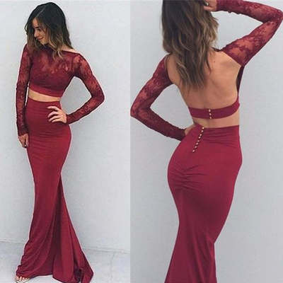 Burgundy prom dress, long sleeves prom dress, two pieces prom dress, lace top prom dress, mermaid prom dress, sexy backless prom dress, PD15099