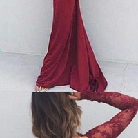 Burgundy prom dress, long sleeves prom dress, two pieces prom dress, lace top prom dress, mermaid prom dress, sexy backless prom dress, PD15099 - Thumbnail 1