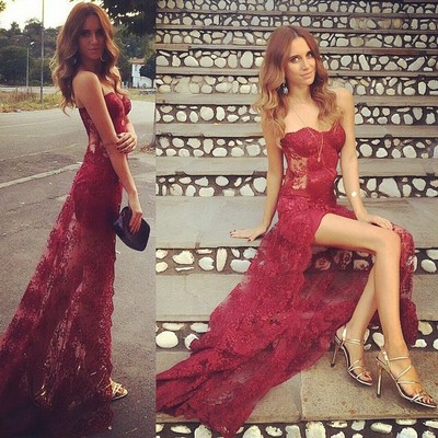 Long prom dress, burgundy prom dress, sweetheart prom dress, lace prom dress, sexy see through prom dress, split prom dress, pd15111