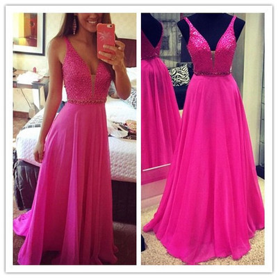 Fuchsia prom dress,v-neckline graduation dress,sparkle party dresses