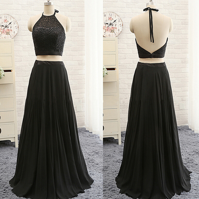 Two pieces black prom dress,black beaded graduation dress