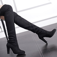 Sexy Suede Chunky Heel High Boots - Thumbnail 1