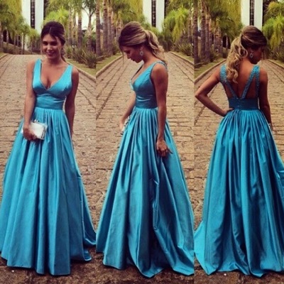 Simple v-neckline blue prom dress,wide straps blue taffeta graduation dress,v-neck blue party dress