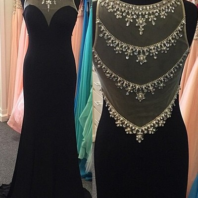 Beaded black prom dress,illusion back beaded evening dress,mermaid black party dress