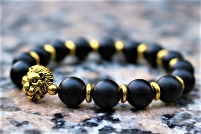 Gold Lion Head Onyx Bracelet