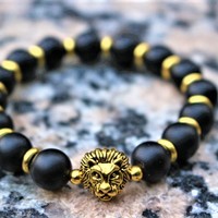 Gold Lion Head Onyx Bracelet - Thumbnail 1