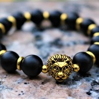 Gold Lion Head Onyx Bracelet - Thumbnail 4