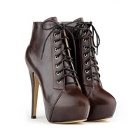 Super High Stiletto Heel Lace Up Ankle Boots - Thumbnail 2