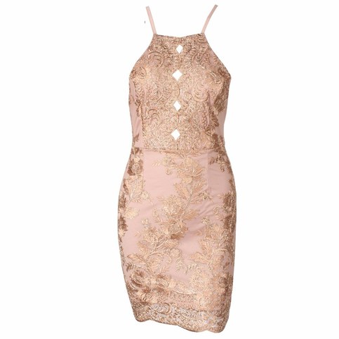 Gold Elegant Bodycon Nippon Flower Halter Neck Backless Dress