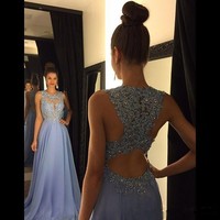 Illusion Prom Dress,Blue Lace Graduation Dress - Thumbnail 1