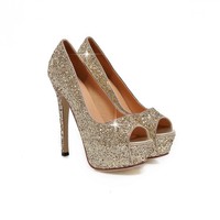 Sequins Peep-Toe Sexy High Heeled Bride Sandals Shoes - Thumbnail 1