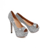 Sequins Peep-Toe Sexy High Heeled Bride Sandals Shoes - Thumbnail 3