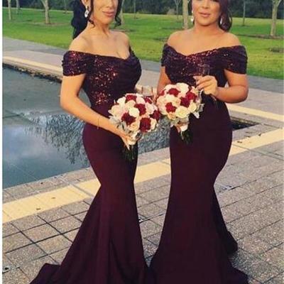 Maroon bridesmaid dress ,stunning sequin bridesmaid dress, off shoulder sweep train  mermaid bridesmaid dress, bd143381