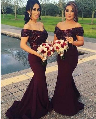 Maroon Bridesmaid Dress ,Stunning Sequin Bridesmaid Dress, Off Shoulder Sweep Train  Mermaid Bridesmaid Dress, BD143381