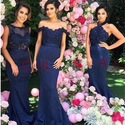 Stylish halter bridesmaid dress, open back mermaid bridesmaid dress, navy blue bridesmaid dress with lace beading, bd14329
