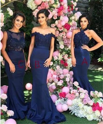 Stylish Halter Bridesmaid Dress, Open Back Mermaid Bridesmaid Dress, Navy Blue Bridesmaid Dress with Lace Beading, BD14329
