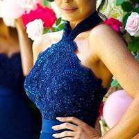 Stylish Halter Bridesmaid Dress, Open Back Mermaid Bridesmaid Dress, Navy Blue Bridesmaid Dress with Lace Beading, BD14329 - Thumbnail 1